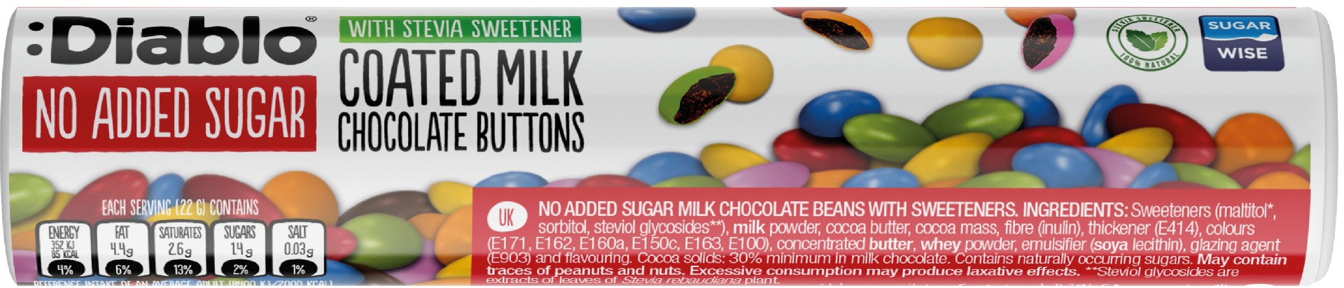 Diablo Milk Chocolate Buttons in Tube (Stevia)  22g x 20