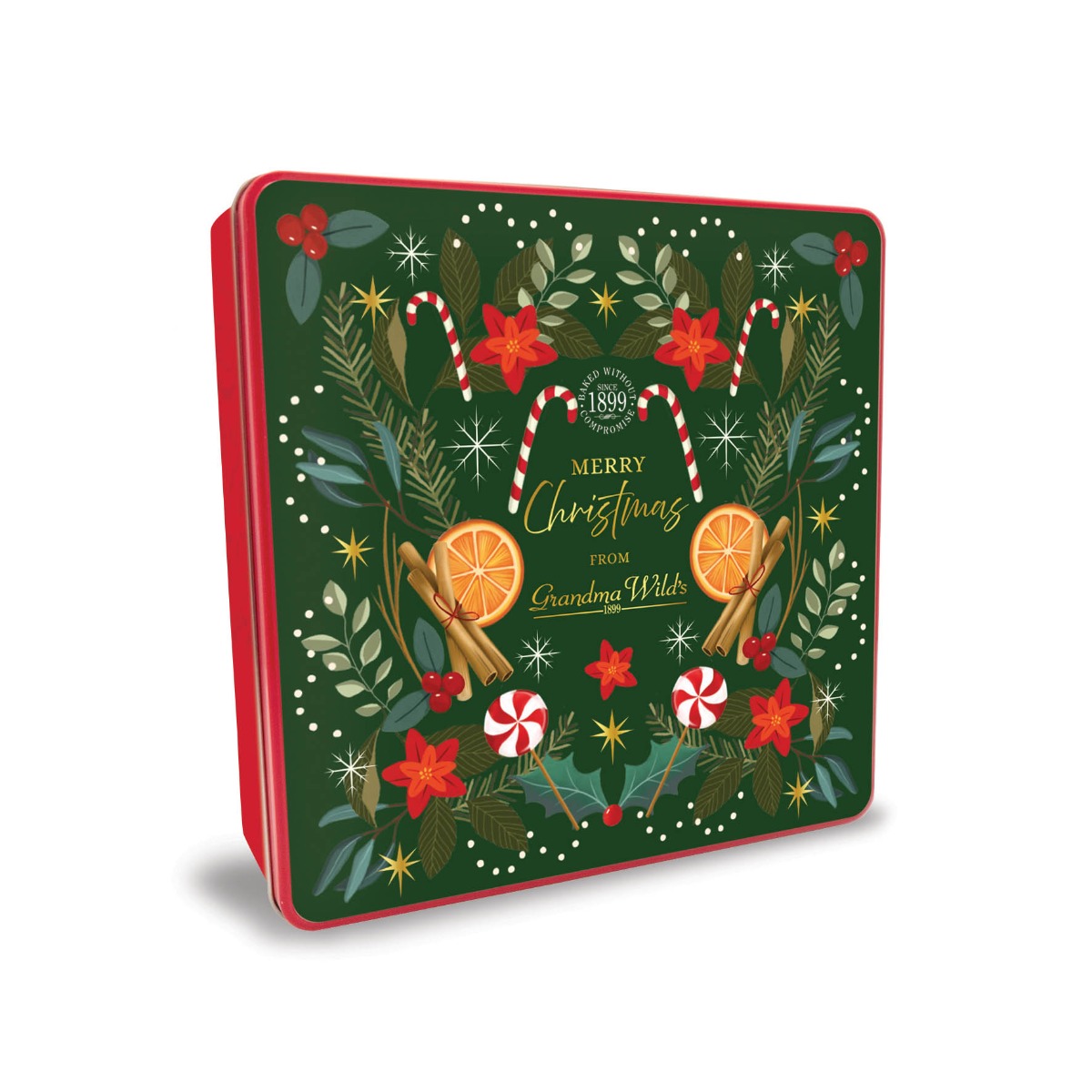 Grandma Wilds Embossed Christmas Candycane Tin with Shortbread Petticoat Tail Biscuits 400g x 6