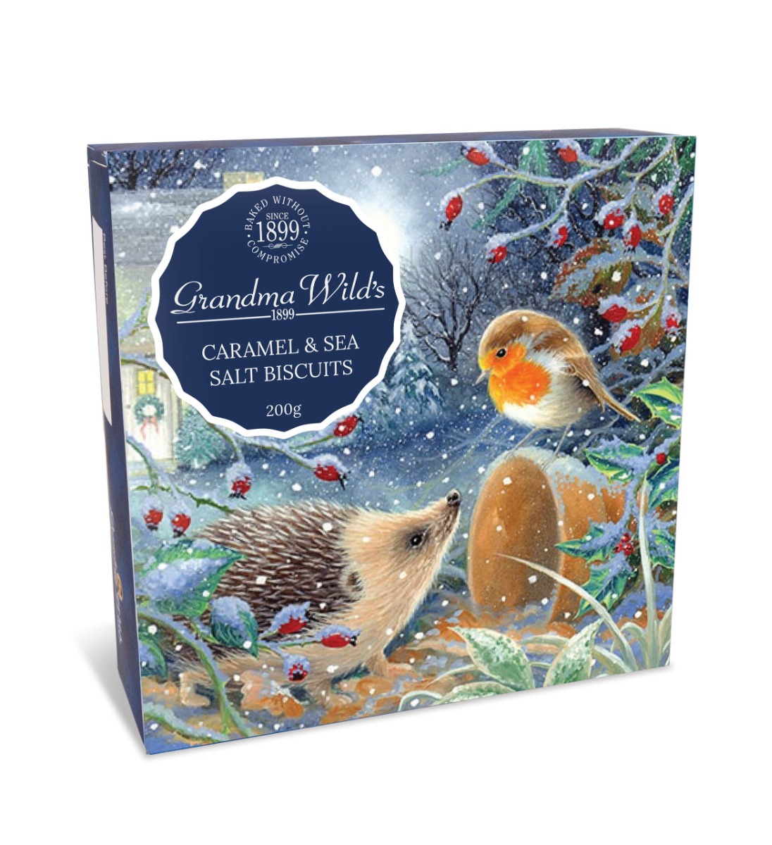 Grandma Wilds Hedgehog & Robin Box with Caramel & Sea Salt Biscuits 200g x 10