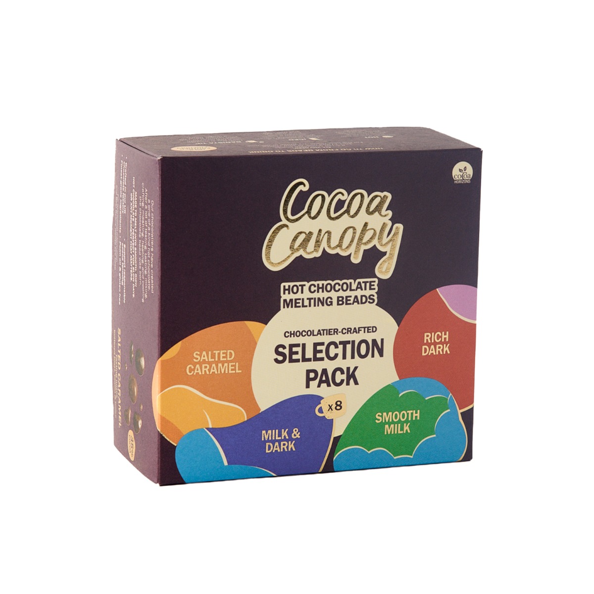 Cocoa Canopy Selection Box contains 8x 30g (2 Smooth Milk, 2 Salted Caramel, 2 Milk & Dark, 2 Rich D