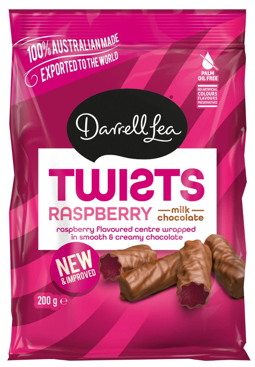 Darrell Lea Raspberry Twists Milk Chocolate Coated 200g x 12