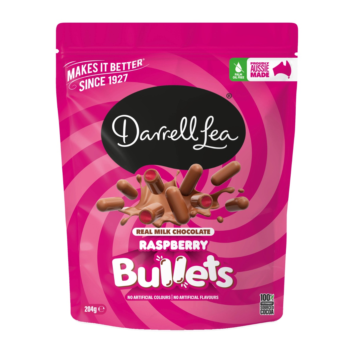 Darrell Lea Milk Chocolate Raspberry Bullets 204g x 12