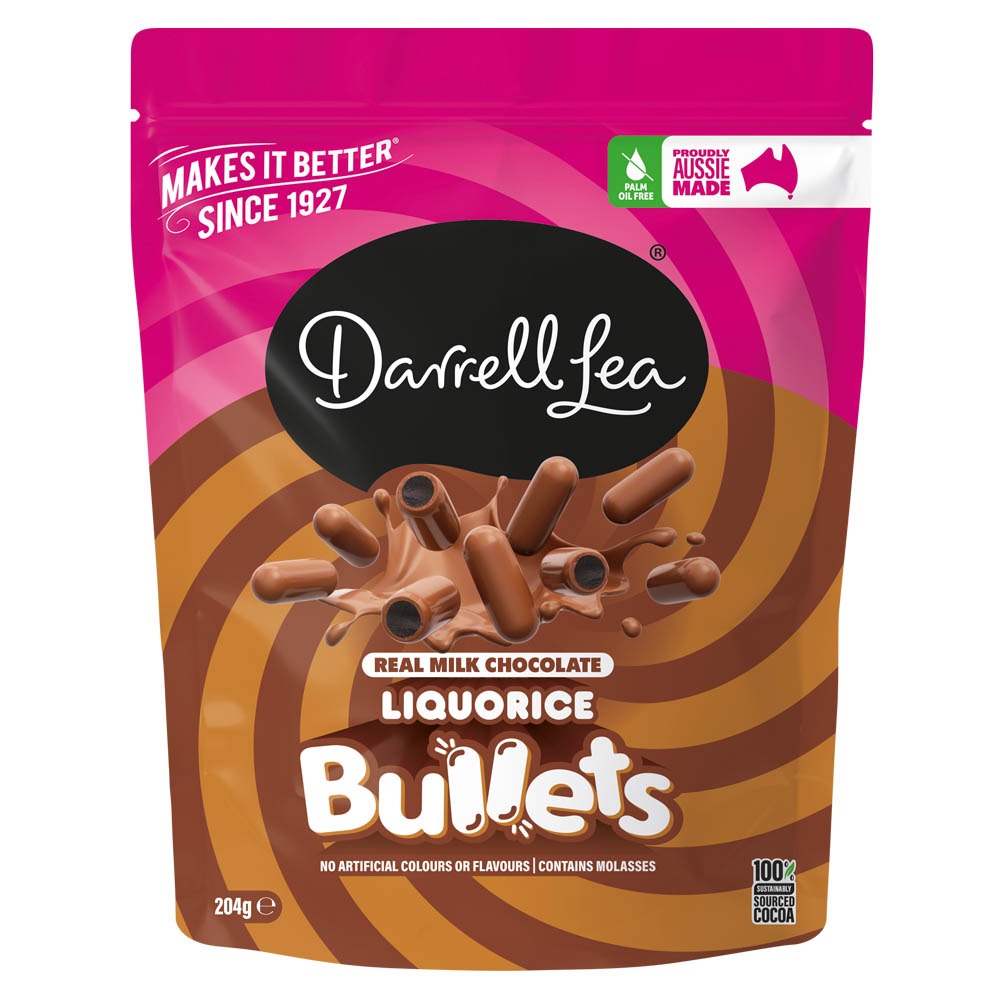 Darrell Lea Milk Chocolate Liquorice Bullets 204g x 12 DATED 10.03.2026
