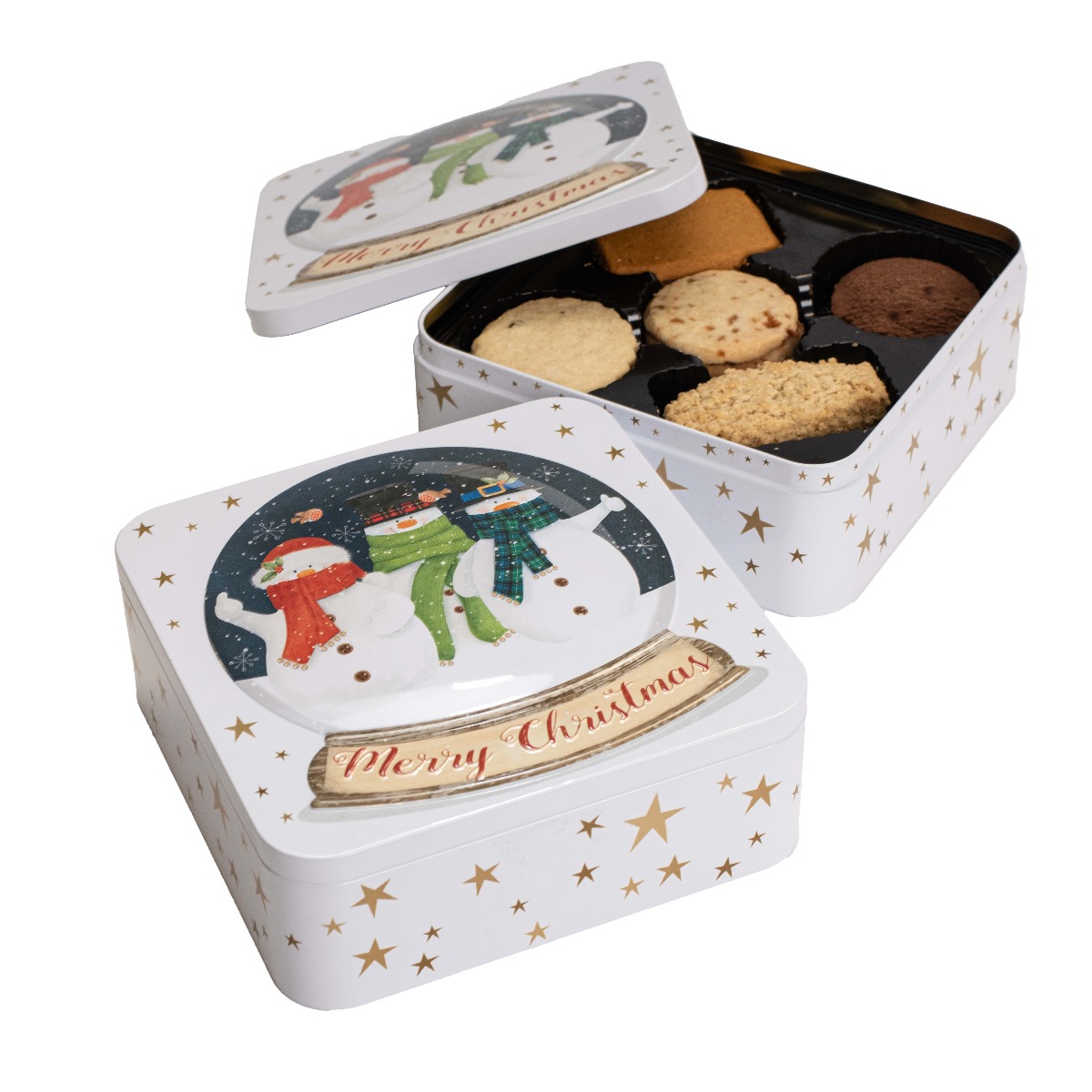 Snowman Snowglobe Embossed Tin 400g x 8