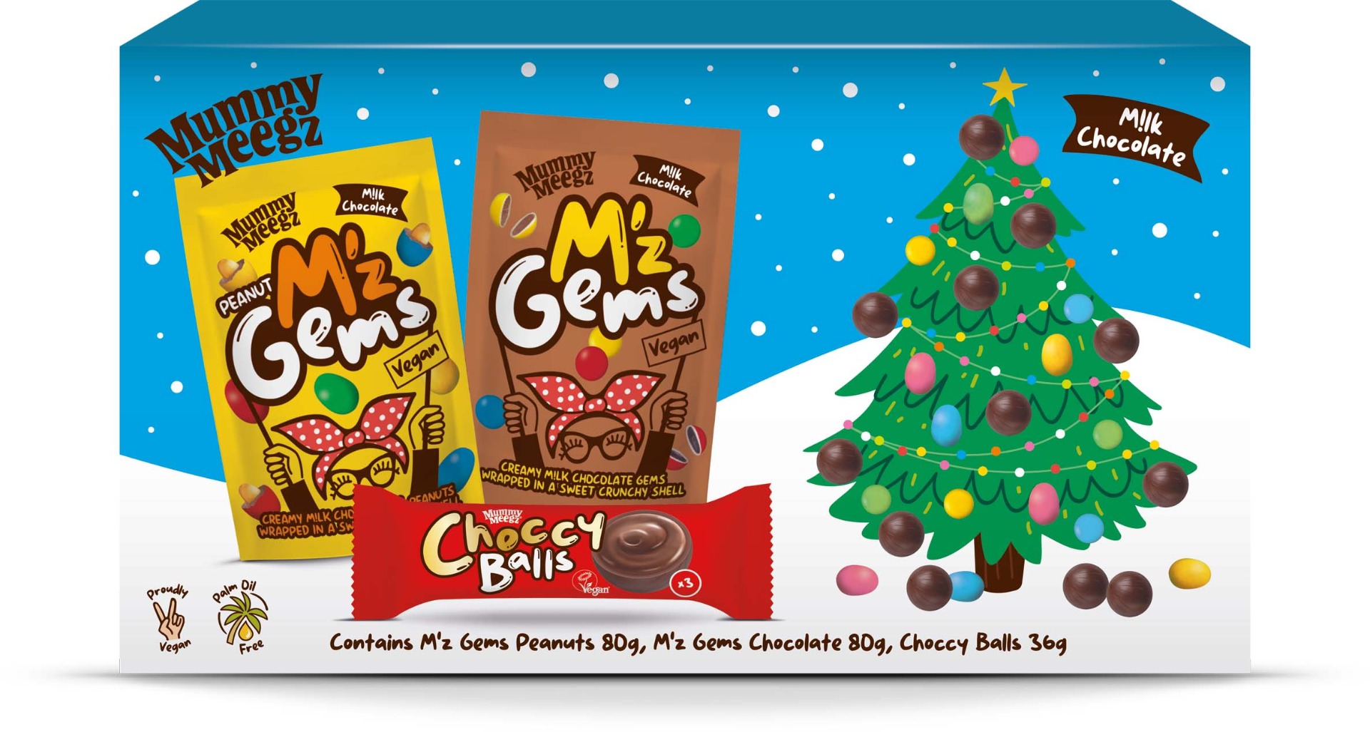 Christmas Selection Box contains M'z Gems Chocolate 80g, Peanuts 80g & Choccy Balls 36g (196g x 6)
