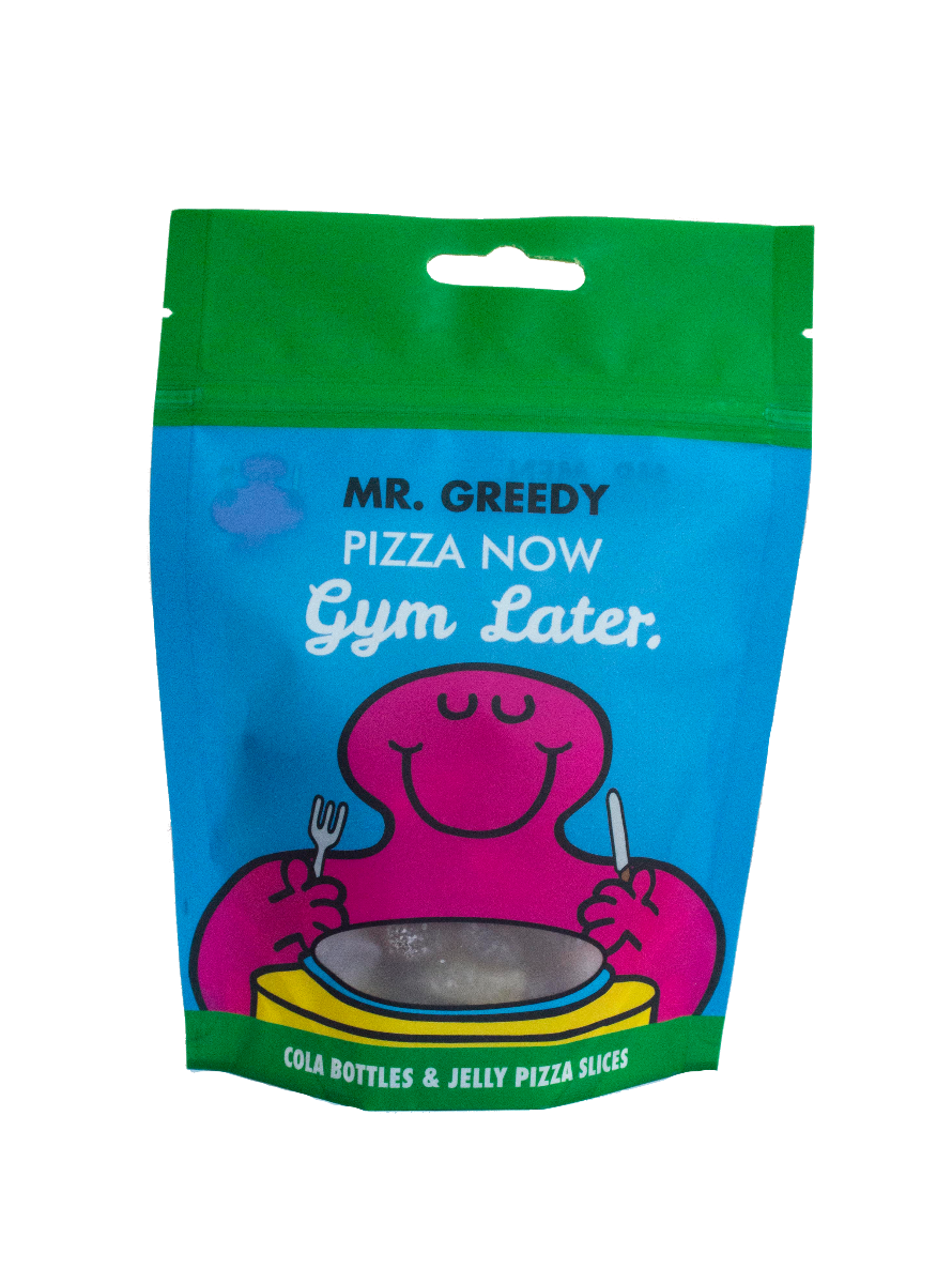 Mr Men - Mr Greedy - Jelly Pizza Slices and Jelly Fizzy Cola Bottles Doybag 140g x 20