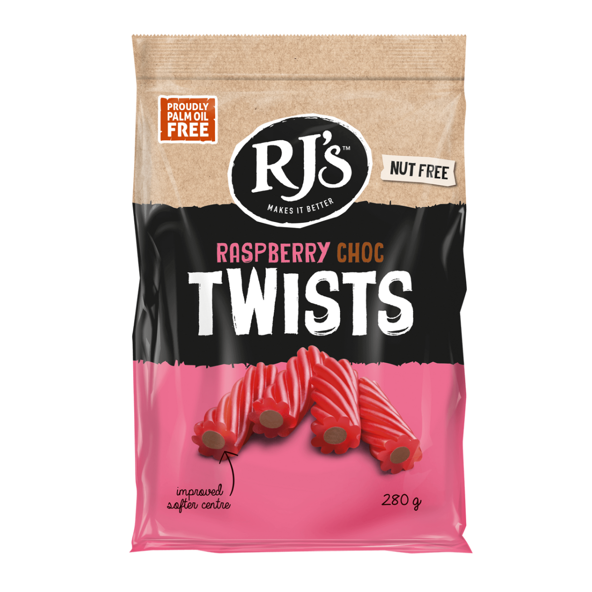 RJ's Natural Soft Eating Raspberry Choc Twist 280g x 12