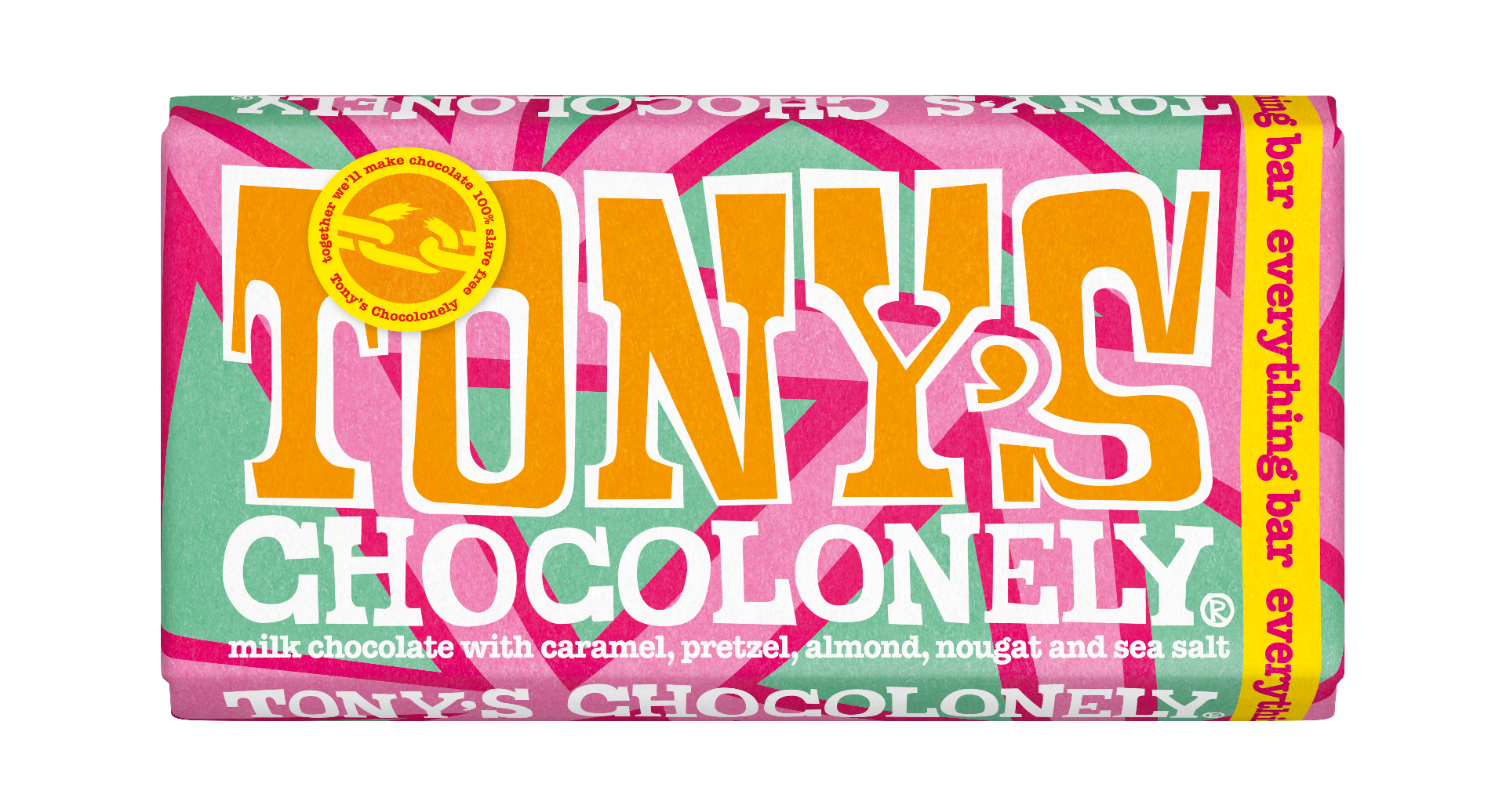 Tony's Chocolonely Milk Chocolate Caramel Almond Pretzel Sea Salt 180g x 15 FAIRTRADE