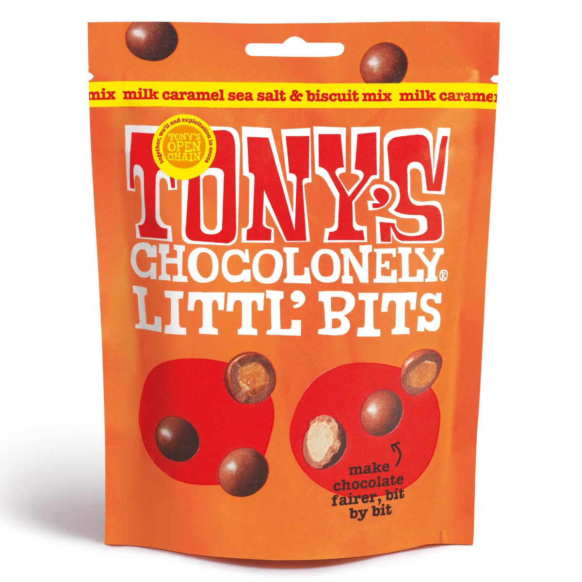Tony's Chocolonely Littl' Bits Milk Caramel Sea Salt & Biscuit Mix Fairtrade UK 100g x 8